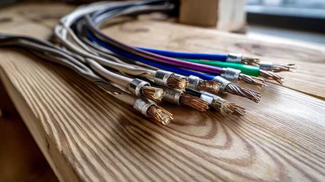 A close-up view reveals a diverse bundle of stripped wire cables, each wire showcasing distinct colors and meticulous preparation for electrical usage