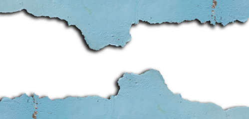 Dirty distressed cement wall with peeling light blue paint framing large copy space. Top and bottom of feature textured worn surface with ragged edges and center copy space on transparent background