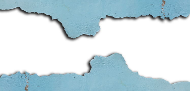 Dirty distressed cement wall with peeling light blue paint framing large copy space. Top and bottom of feature textured worn surface with ragged edges and center copy space on transparent background