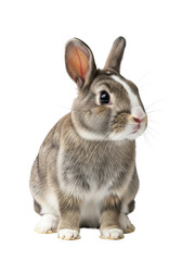 Fototapeta premium A small cute domestic rabbit with soft grey-brown fur and white markings, sitting calmly in a plain white studio with ample copy space, peaceful cuteness concept