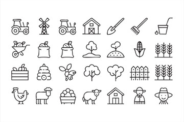 Agriculture and farming lifestyle symbols set, line art vector illustrations