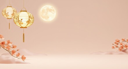 Minimalism style pastel color background for Chinese Mid Autumn Festival or Mooncake Festival. Usualy a family reunion during the celebration.