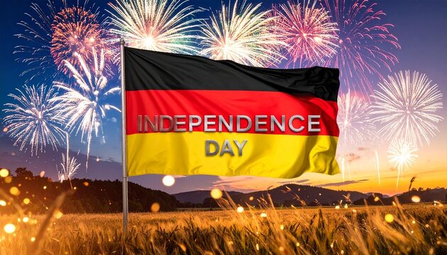 German flag with fireworks and bold “Independence Day” text, symbolic celebration scene.