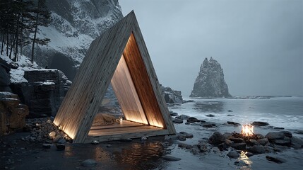 a cube-shaped structure illuminated by a warm glow near a frozen lake surrounded by snow-covered mountains.