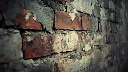 Photograph of a weathered red brick wall with patches of crumbling plaster and white discoloration.
