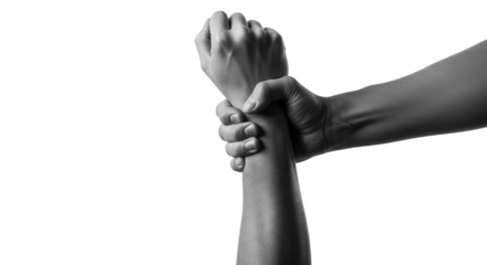 Two detailed adult human hands, one firmly grasping the other's forearm, in striking black and white against a transparent background with copy space, concept of human connection and mutual aid
