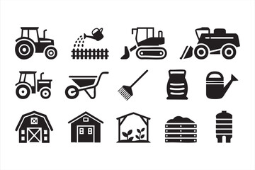 Farming tools and equipment vector pack, barn, wheelbarrow and greenhouse icons