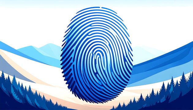 A stylized fingerprint graphic against a winter landscape - Powered by Adobe