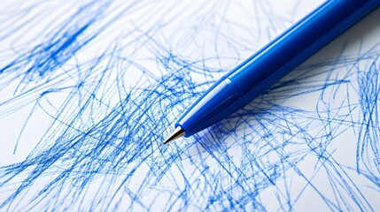 Photograph of blue pen resting on a textured white paper background with scribbled lines.