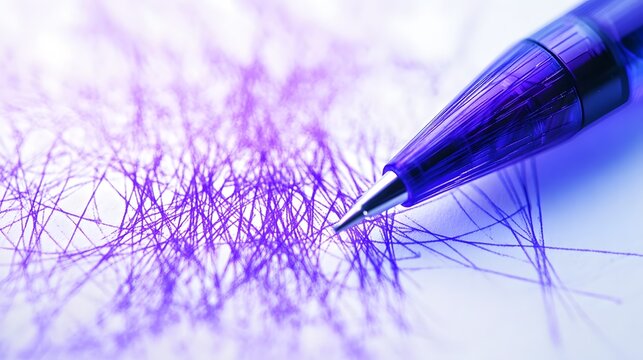 Photograph of a blue pen tip creating a dense, textured purple streak on white paper. - Powered by Adobe