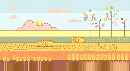 Vibrant Abstract Illustration of Fields and Rolling Hay Bales in Pastel Colors