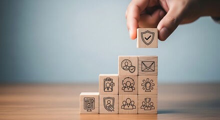 Hand Stacking Wooden Blocks Forming A Staircase With Business Icons image photo