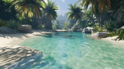 Digital render of a turquoise river flowing through a tropical, rocky landscape with palm trees.
