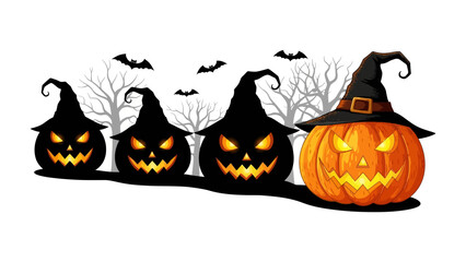 Spooky Halloween Pumpkins and Bats: A festive Halloween illustration features four carved pumpkins, one of which is adorned with a witch's hat.
