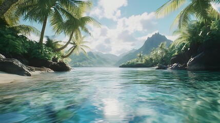 Digital illustration of a turquoise lagoon framed by tropical mountains and palm trees.