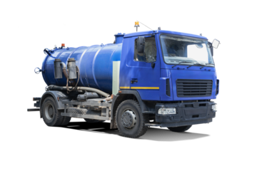 This blue vacuum truck is designed for waste removal and is available for rent. It features a large tank and specialized equipment for efficient operation. Isolated background.