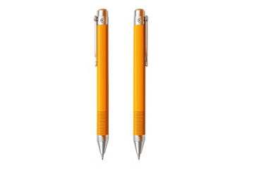Two stylish orange pens with silver accents on a solid transparent background