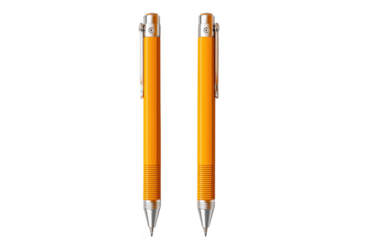 Two stylish orange pens with silver accents on a solid transparent background