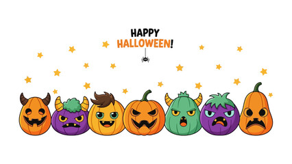 Happy Halloween: A cartoonish array of carved pumpkins and playful monsters comes together for a festive Halloween celebration, promising fun and a touch of the spooky in this whimsical composition.