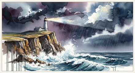 Lighthouse stormy sky dramatic clouds rocky cliff ocean waves rain beacon light coastal landscape turbulent sea watercolor style. lighthouse stands rugged cliff its beacon shining through dark