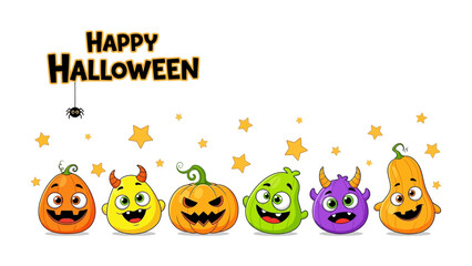 Spooky Characters on Halloween: A playful illustration of six animated Halloween characters, each with unique features, lined up with a Happy Halloween greeting. Embodying the festive spirit.