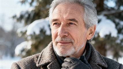 Pensive elderly man in winter coat and gloves enjoying nature outdoors during snowy day