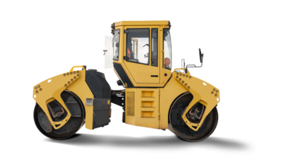 This heavy-duty roller is designed for compacting surfaces in construction and road repair. It is isolated against a plain white background for focus.