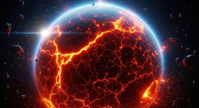 Volcanic planet ablaze, cracked crust amidst space rocks, blue aura around it