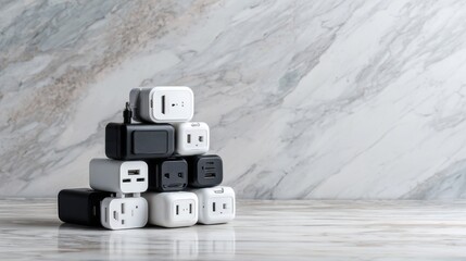 Collection of Modern Electrical Adapters and Chargers Stacked on Marble Background for Home Office or Travel Use