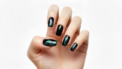 Stylish woman hand showing black nails with colorful design on top  
