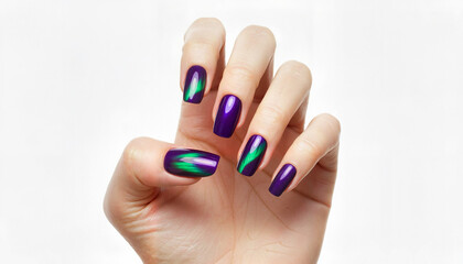 Woman's hand showing purple and green nail art design against white background  