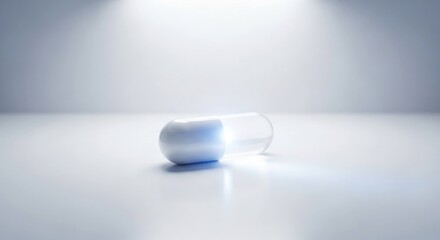 White capsule pill on glossy surface under spotlight, studio setup