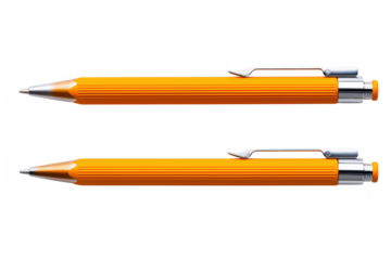 Two high quality orange pens with silver details against a solid transparent background