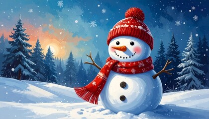 Fototapeta premium Cheerful snowman with red hat and scarf on snowy ground, light blue background with falling snowflakes.
