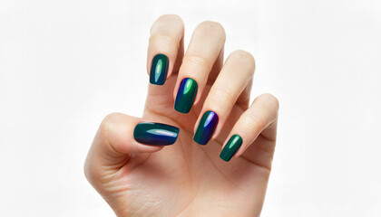 Hand with stylish green and blue nail polish on white background  