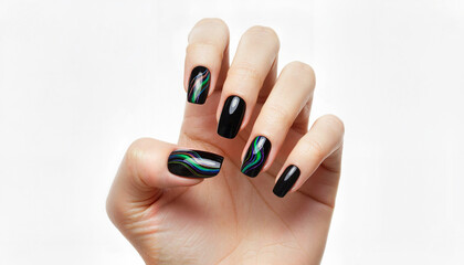 Stylish black manicure with colorful stripes on female hand  