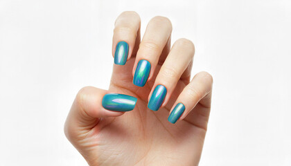 Hand with stylish blue nail polish displaying vibrant color shift  