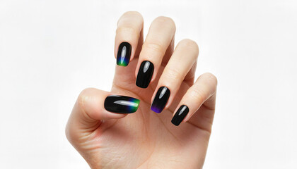 Woman showing black and colorful gradient nails in artistic style  