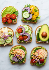 Delicious open faced sandwiches with avocado, tomatoes, and fresh vegetables ideal for healthy eating and gourmet food blogs, vibrant colors, flat lay