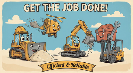 Construction vehicle cartoon illustration bulldozer helicopter excavator forklift toolbox teamwork smiling efficient reliable machinery hard hat wrench sand sky cloud happy animated children