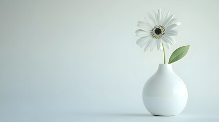Photograph of white daisy in a vase stands on a pale green background, showcasing simplicity and elegance.