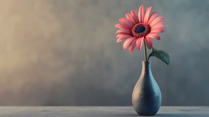 Photograph of a pink daisy in a gray vase against a muted green backdrop.
