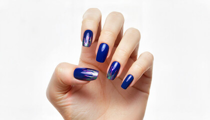 Elegant manicured hand with blue nails and colorful accents  