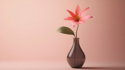 Photograph of a single pink lily in a dark brown vase against a muted peach background.