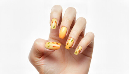Woman's hand showing colorful autumn-themed nail art design  