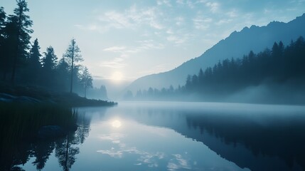 Photograph of a serene, misty lake reflecting a sun-drenched mountain range.