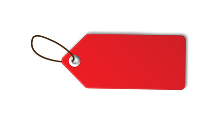Red label price tag with rope. Gift label for promotions or sales. Hanging tag mockup isolated on white background.
