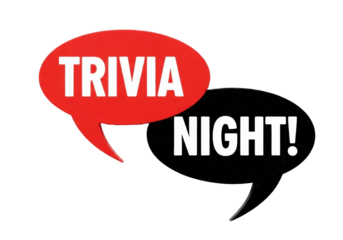 Two distinct, stylized speech bubbles, vibrant red 'TRIVIA' overlapping black 'NIGHT!' with distressed texture, against a white painted brick wall with mortar lines, studio lit. Event promotion