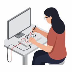 Flat Illustration Young Woman Experimenting with Electronic Circuit Board on Desk