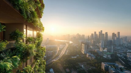 Aerial View of Urban Landscape with Green Architecture and Sunrise Over City Skyline Revealing River and Skyscrapers